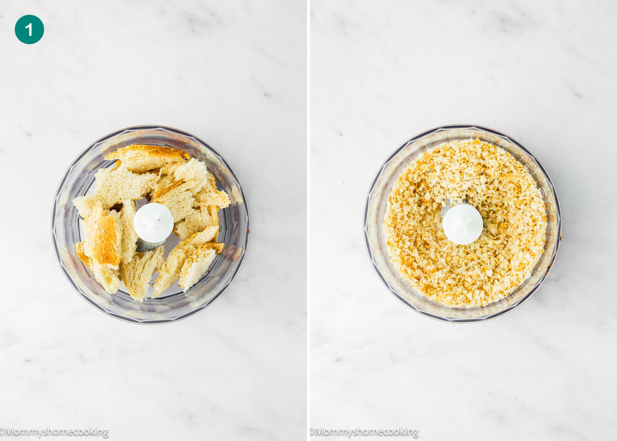 Side-by-side images of a food processor: the left shows torn bread pieces, and the right shows fine crumbs, perfect for making Mini Meatloaf Muffins (No Eggs!).