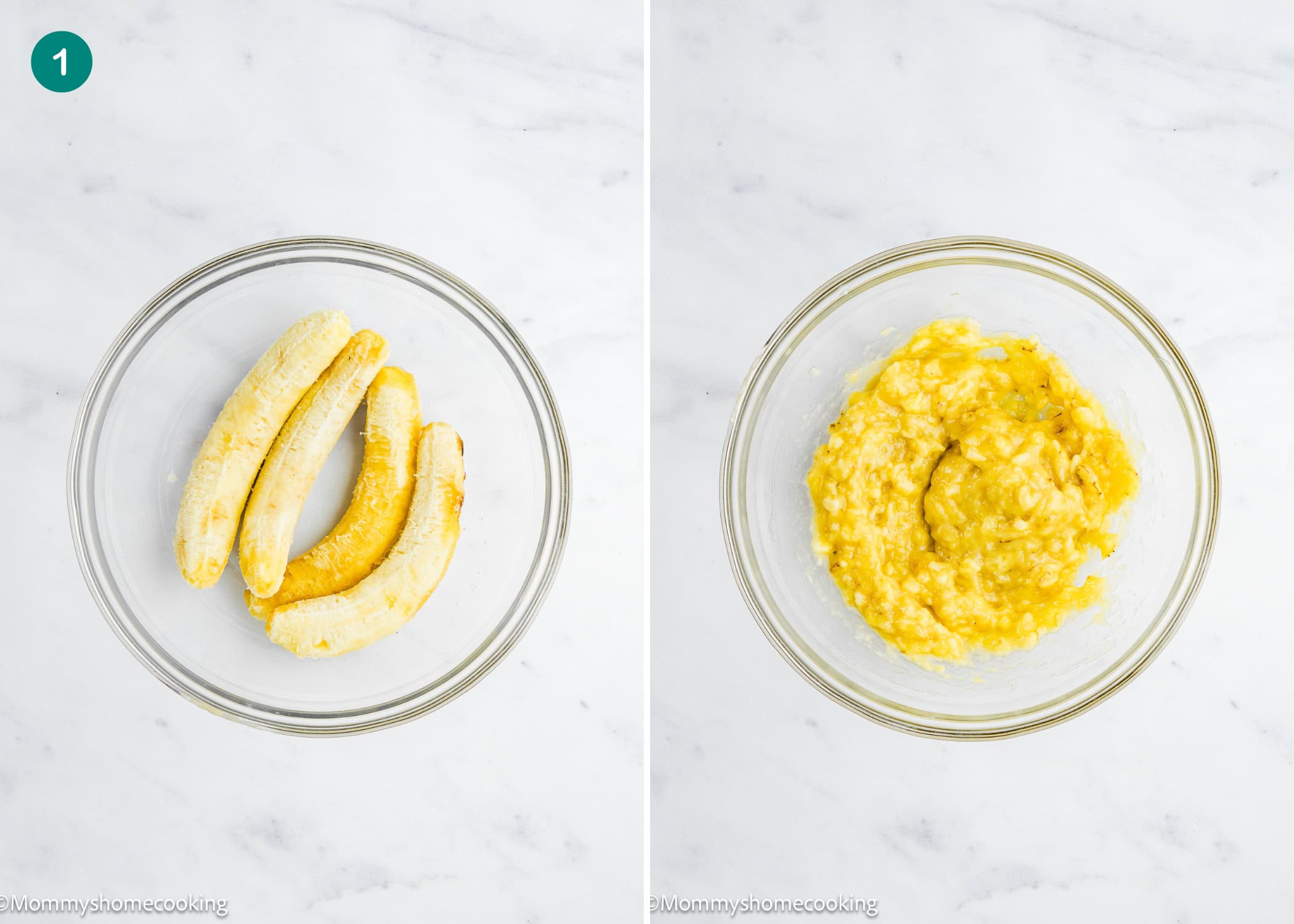 Two side-by-side bowls: the left holds whole peeled bananas, and the right has mashed bananas, both on a white marble surface—perfect for making One Bowl Egg-Free and Dairy-Free Chocolate Chip Banana Bread.