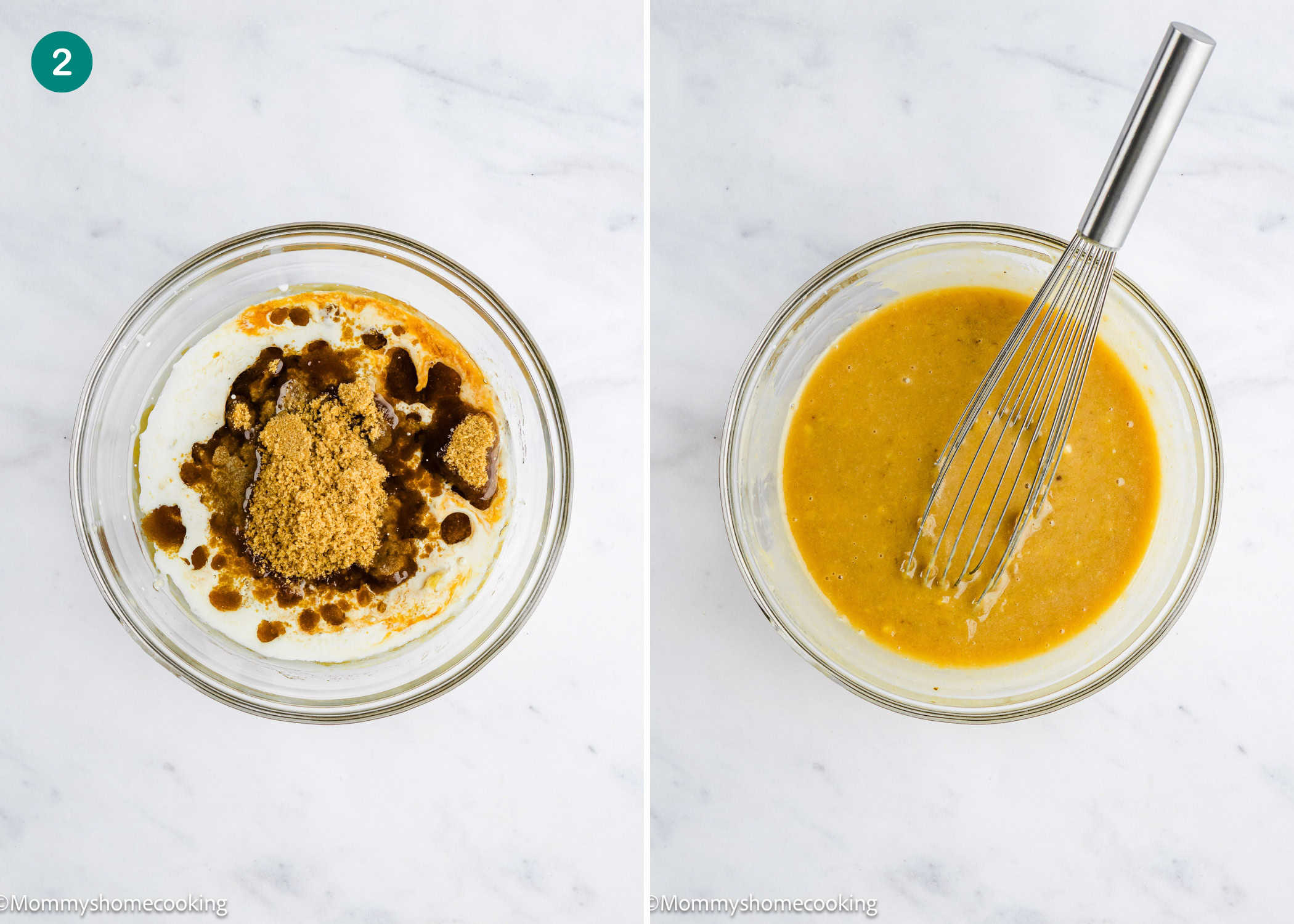 Two glass bowls on a white surface: the left holds brown sugar, liquid, and spices; the right displays the smooth mixture whisked together for One Bowl Egg-Free and Dairy-Free Chocolate Chip Banana Bread.