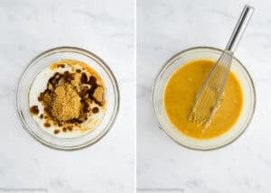 Two photos side by side: the left bowl contains yogurt, brown sugar, and vanilla; the right bowl is blended with a whisk on a white surface, showing a simple base for One Bowl Egg-Free and Dairy-Free Chocolate Chip Banana Bread.