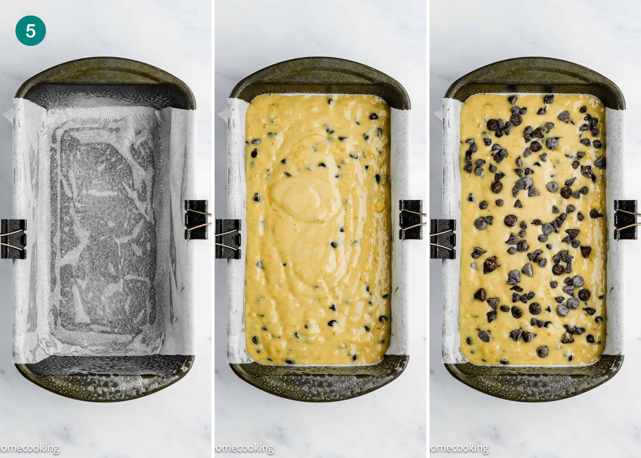 Three-step process: One Bowl Egg-Free and Dairy-Free Chocolate Chip Banana Bread is made in a loaf pan lined with parchment, filled with batter, and topped with chocolate chips—shown in three side-by-side images on a white surface.