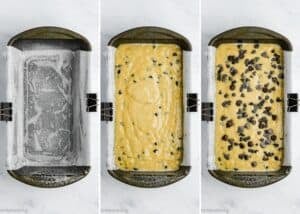 Three side-by-side images show a metal loaf pan: first lined and greased, then filled with batter for One Bowl Egg-Free and Dairy-Free Chocolate Chip Banana Bread, and finally topped with chocolate chips before baking.