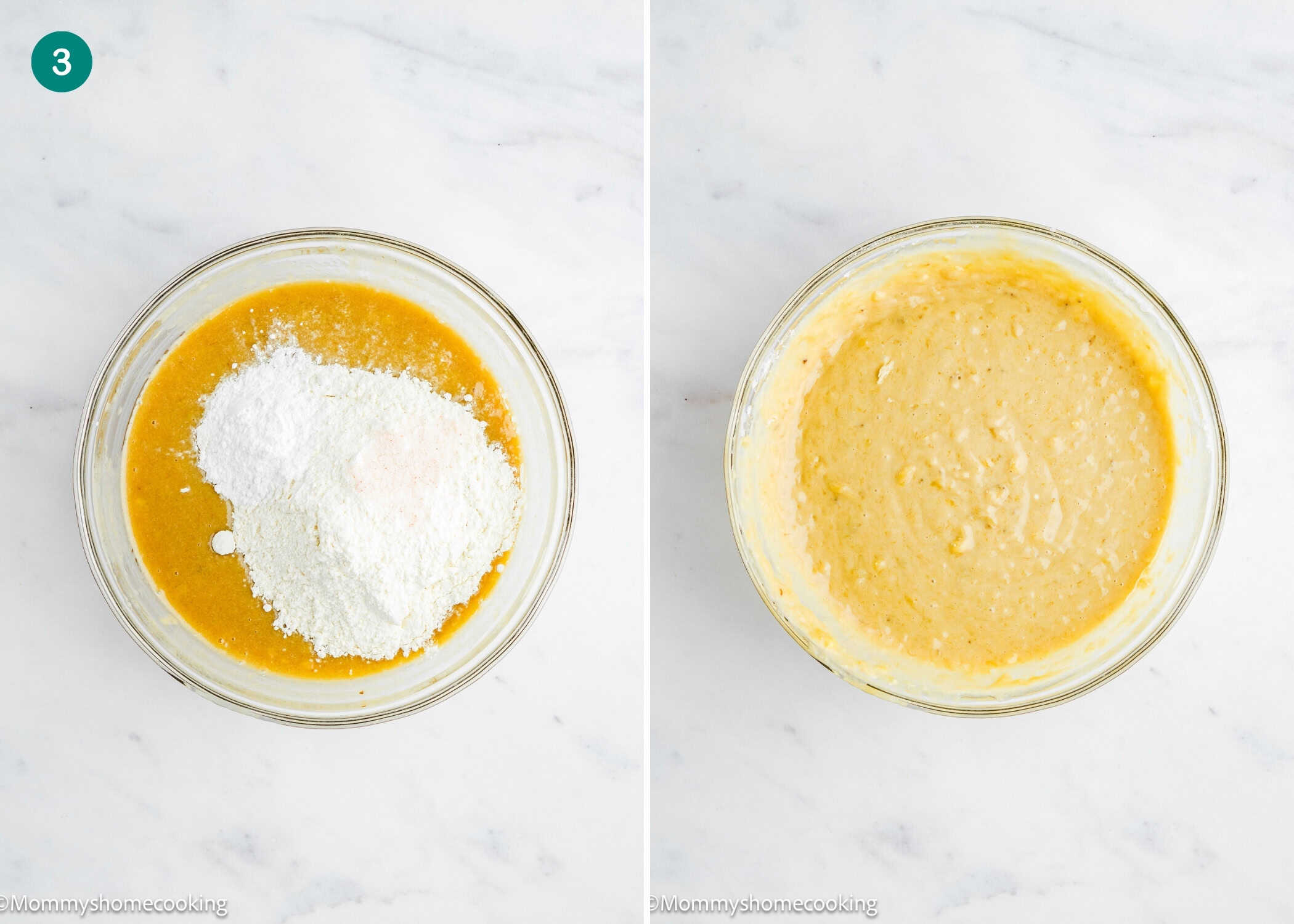 Two glass bowls sit on a white marble surface: one with flour atop wet batter, the other displaying a smooth, light mixture—ideal for making One Bowl Egg-Free and Dairy-Free Chocolate Chip Banana Bread.