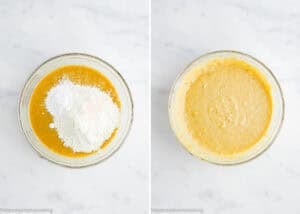 Side-by-side images of One Bowl Egg-Free and Dairy-Free Chocolate Chip Banana Bread batter: dry ingredients on top in the left image, fully mixed batter in the right, both shown on a white countertop.
