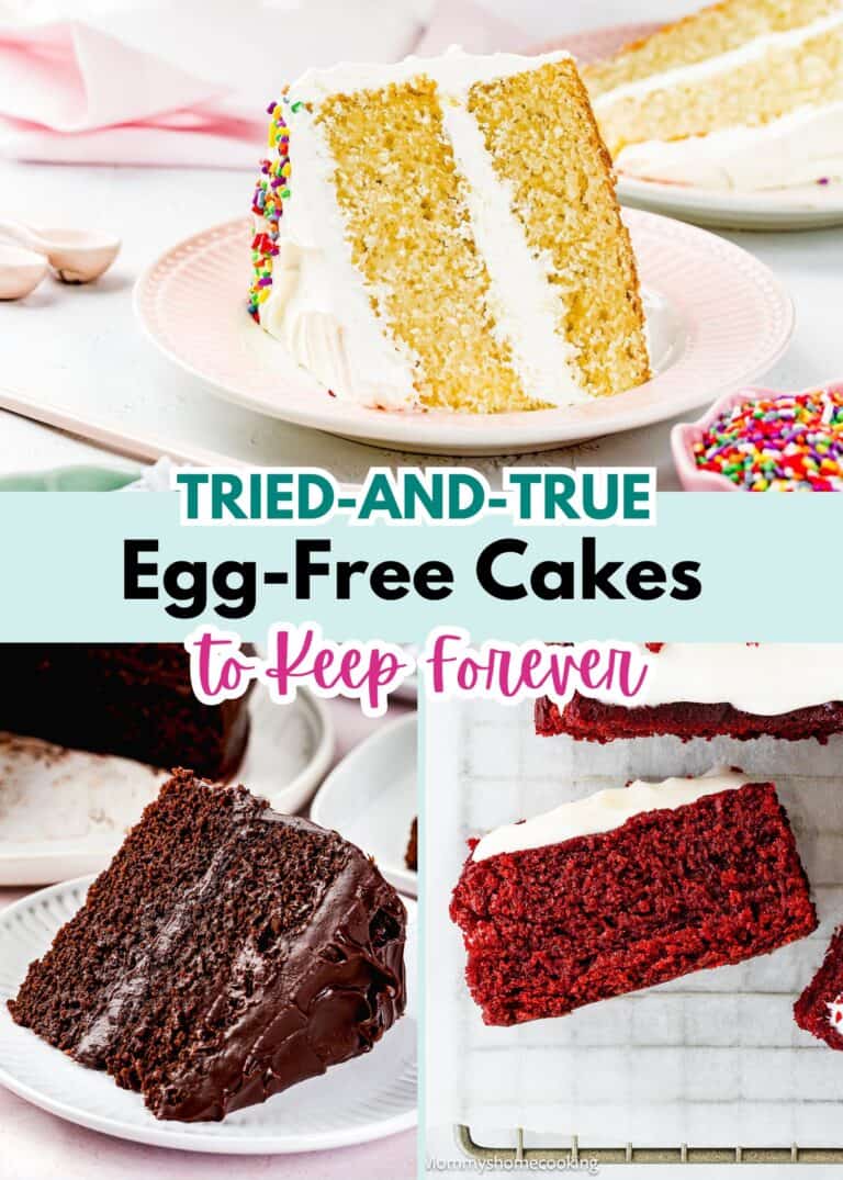 A collage shows three slices of cake—vanilla with sprinkles, chocolate, and red velvet. Text reads "Tried-and-True Egg-Free Cakes to Keep Forever" for effortless, delicious baking every time.