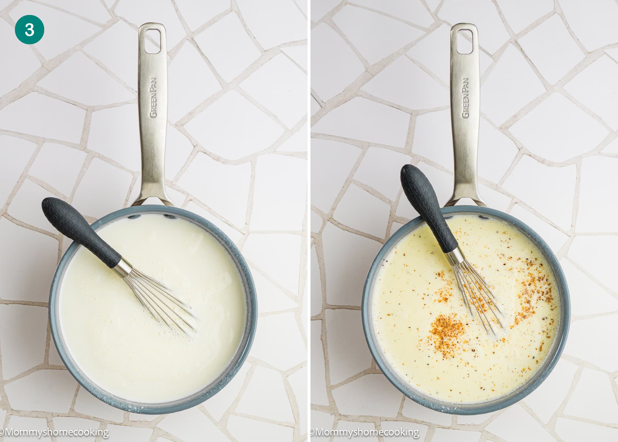 Two saucepans on a white tiled surface; the left shows milk being whisked for Easy Béchamel Sauce, while the right shows a whisk mixing milk with added spices.