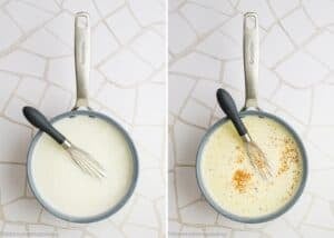 Two images show a saucepan with a whisk: the left has a white liquid, and the right shows Easy Béchamel Sauce (Classic White Sauce Recipe) with seasoning sprinkled on top.