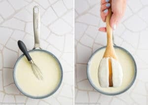 A saucepan filled with Easy Béchamel Sauce; the left side shows a whisk in the pan, while the right side displays a wooden spoon coated with this classic white sauce above the pan.