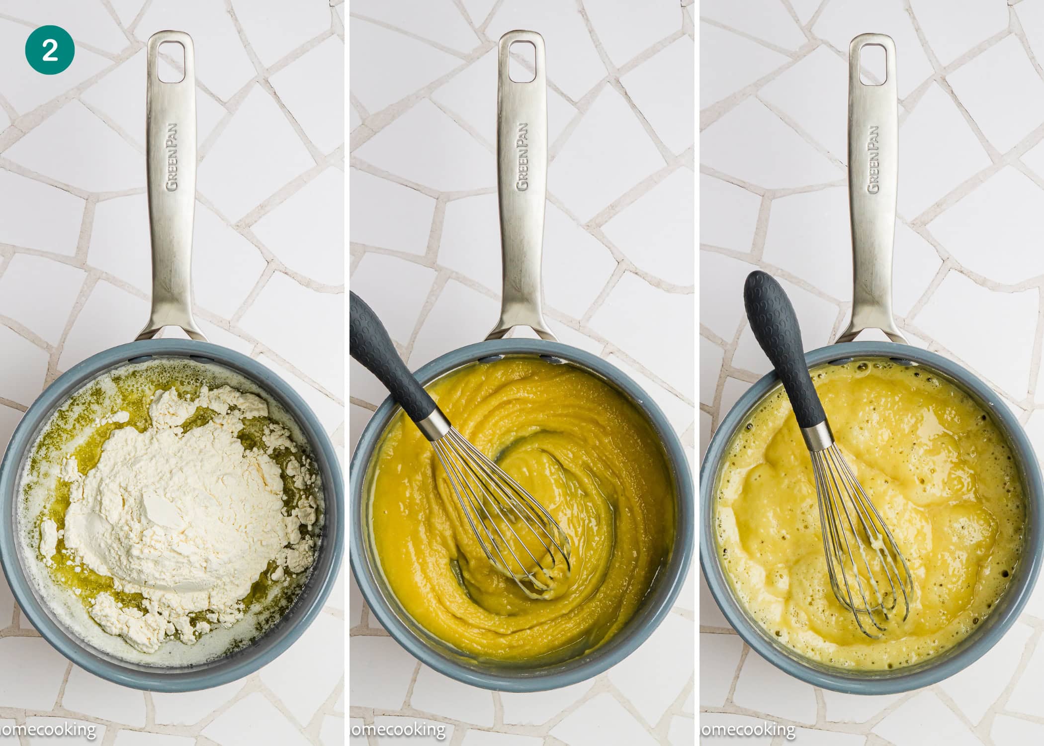 Three images show a saucepan with a whisk: first with melted butter and flour, second with a smooth mixture, third with a frothy, thickened liquid—perfect steps for making Easy Béchamel Sauce (Classic White Sauce Recipe).