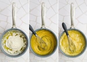 Three side-by-side images show a whisk mixing ingredients in a saucepan for Easy Béchamel Sauce (Classic White Sauce Recipe): melted butter and flour, blended mixture, and a bubbly yellow mixture on a tiled surface.