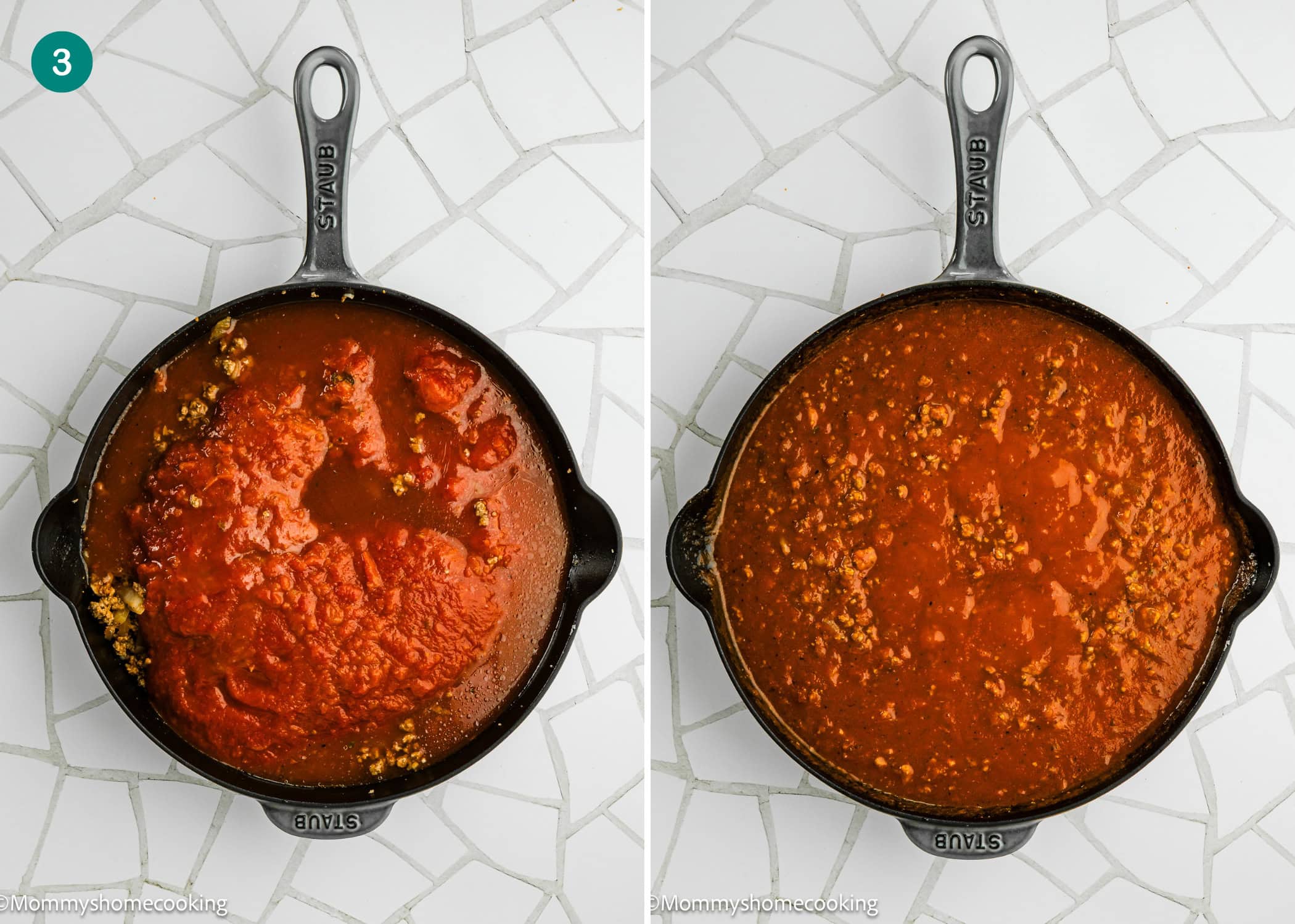 Two images of a black skillet on white tile; the left shows ground meat, tomato sauce, seasonings for Easy Gnocchi Lasagna (with Béchamel sauce), and the right shows the mixture after being stirred together.