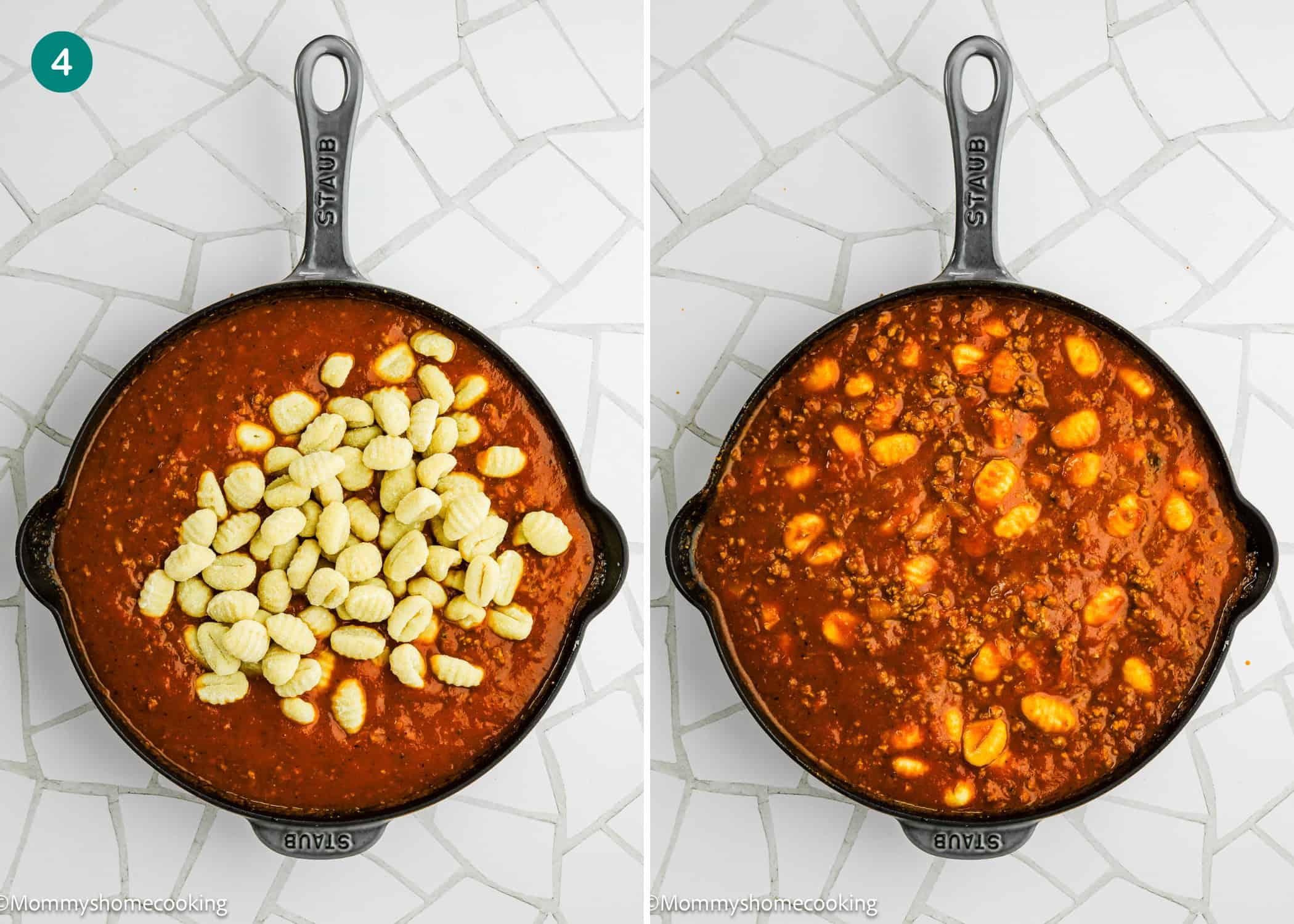 Two side-by-side images show Easy Gnocchi Lasagna (with Béchamel sauce): on the left, a skillet of meat sauce with uncooked gnocchi being added; on the right, everything mixed together, both placed on a white tile surface.