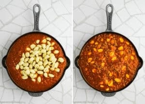 Two side-by-side images of a skillet with meat sauce: the left shows uncooked gnocchi on top, while the right shows them mixed in for an Easy Gnocchi Lasagna (with Béchamel sauce).