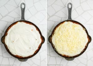 Two side-by-side skillet images: one showing Easy Gnocchi Lasagna with a creamy Béchamel sauce layer, the other topped with shredded cheese, both on a white tiled surface.