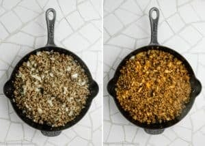 Side-by-side images of a cast iron skillet on a white tiled surface; left shows cooked ground meat with onions, right shows the same mixture with added spices, perfect for an Easy Gnocchi Lasagna (with Béchamel sauce).