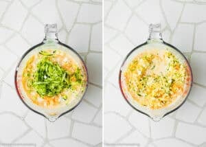 Two glass measuring cups display ingredients for Eggless Cheesy Savory Muffins—one with shredded zucchini, carrots, and batter unmixed; the other fully combined.