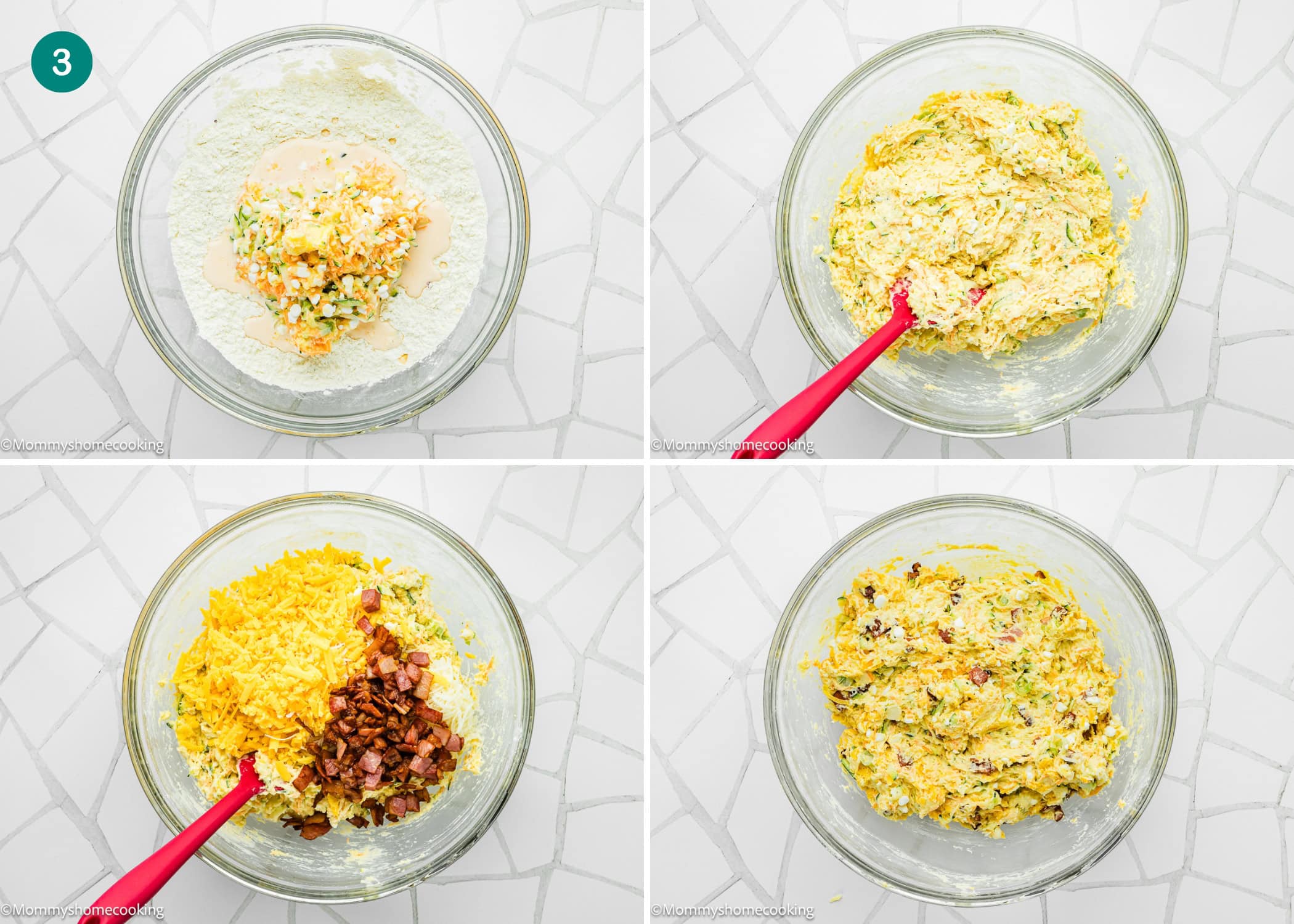Four glass bowls show step-by-step mixing of flour, vegetables, cheese, and diced bacon for Eggless Cheesy Savory Muffins dough on a white tiled surface.