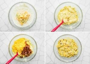 Four-step process of making Eggless Cheesy Savory Muffins: mix wet ingredients and vegetables with flour, combine to form dough, add cheese and bacon, then mix to finish.