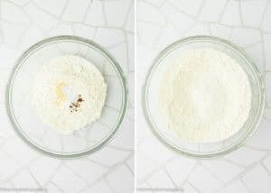 Two glass bowls on a white tiled surface: the left bowl holds flour, spices, and other dry ingredients for Eggless Cheesy Savory Muffins; the right bowl displays these ingredients well mixed together.