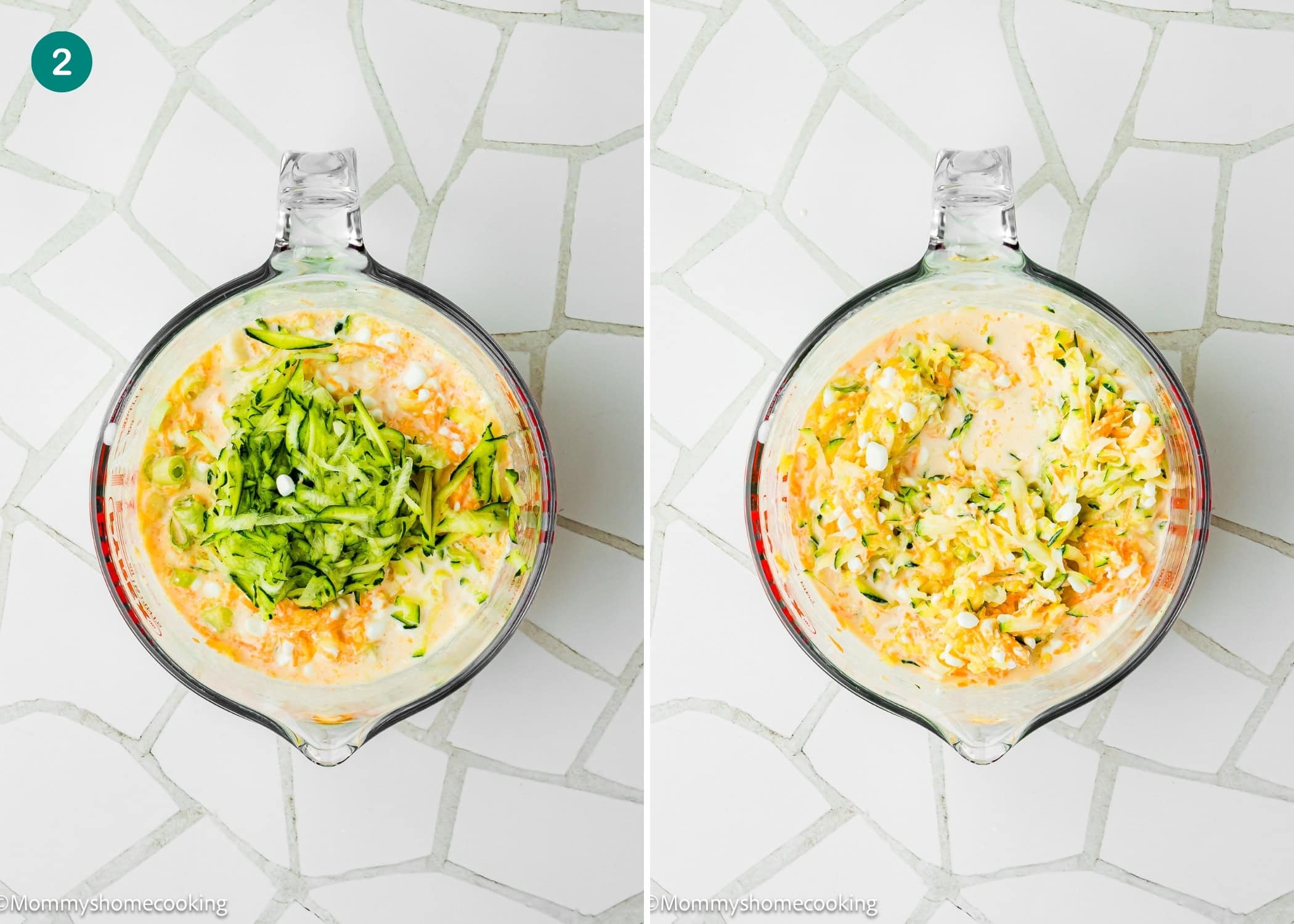 A glass bowl with shredded zucchini on top of batter for Eggless Cheesy Savory Muffins, then the same bowl with the zucchini mixed in, shown on a white tiled surface.