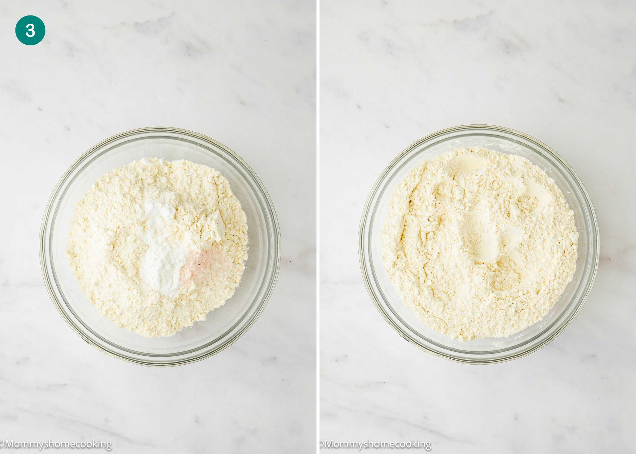 Two glass bowls with dry ingredients on a white surface; the left bowl shows flour, sugar, and salt for an Eggless Coconut Bundt Cake, while the right bowl displays the blended mixture.