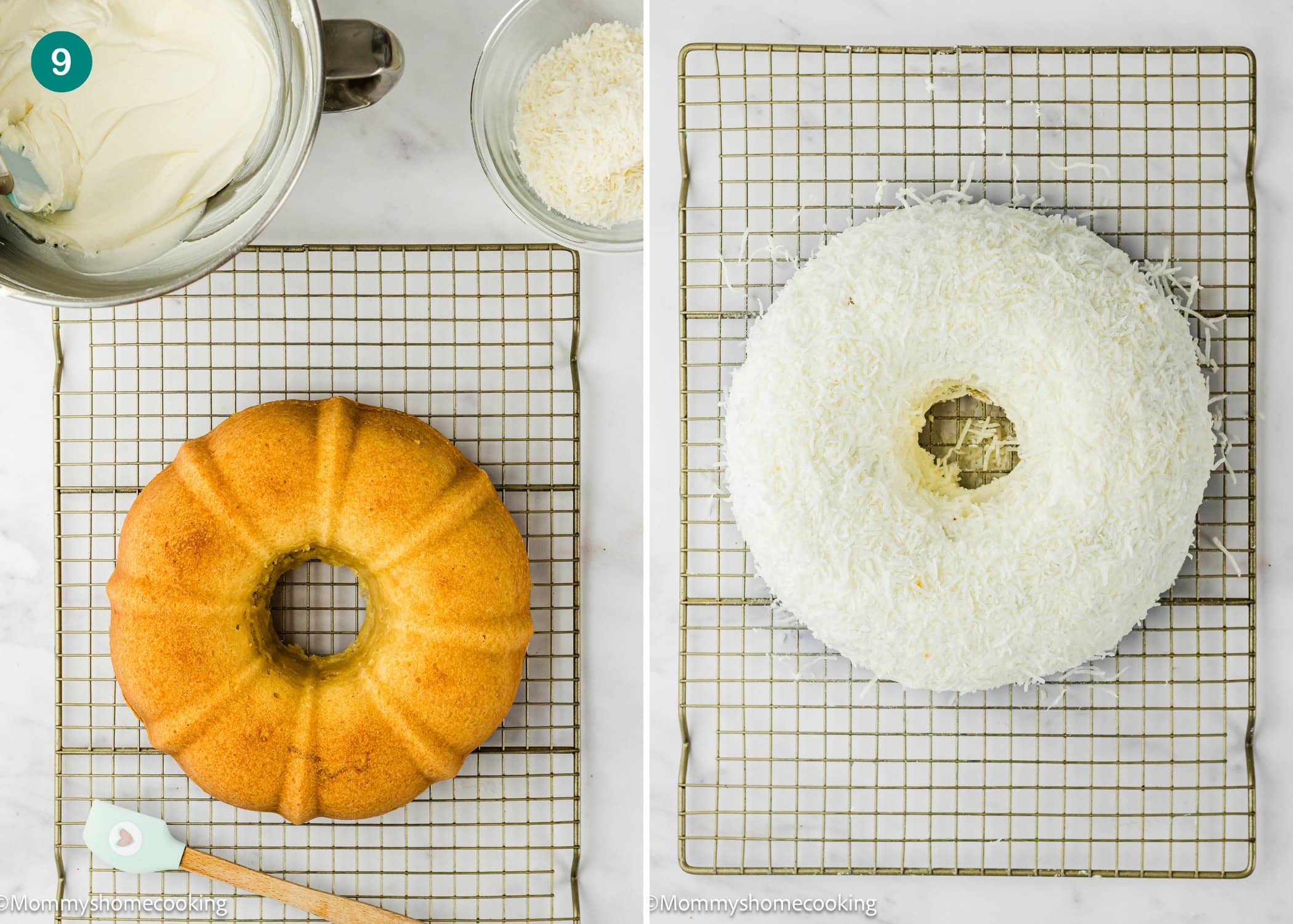 Side-by-side images of an Eggless Coconut Bundt Cake on a cooling rack and the same cake topped with white frosting and shredded coconut. A mixing bowl and ingredients appear in the background.