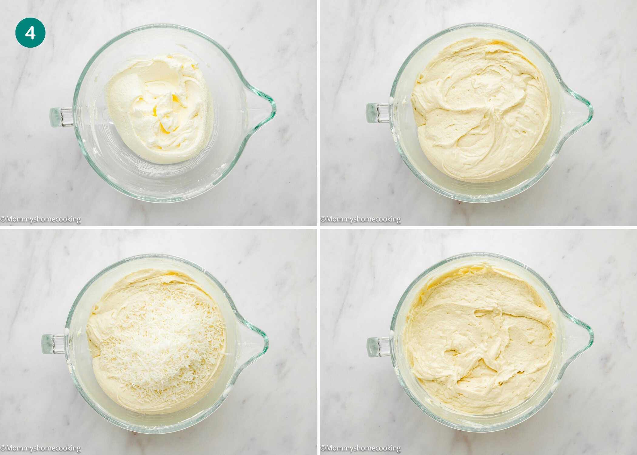 Four-step collage showing mixing bowl stages for Eggless Coconut Bund Cake: creamed butter, whipped batter, addition of shredded coconut, and final blended batter on a white surface.