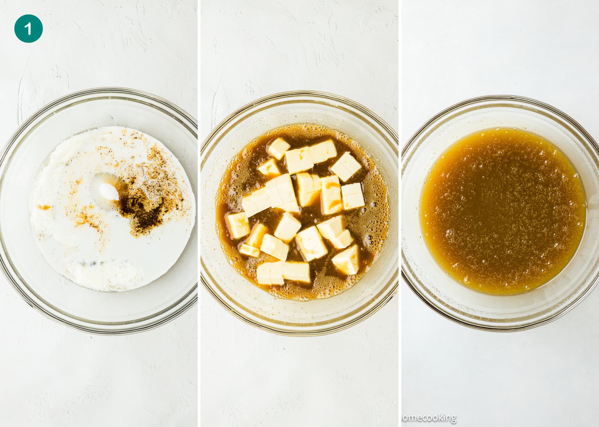Side-by-side images show a glass bowl with a white liquid and seasonings on the left, and a bowl with cubed tofu in a brown marinade on the right—perfect for pairing with Eggless Cosmic Brownies.