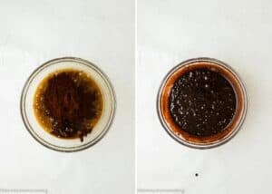 Side-by-side images of a glass bowl with baking ingredients for Eggless Cosmic Brownies: dry ingredients on the left, combined batter on the right.
