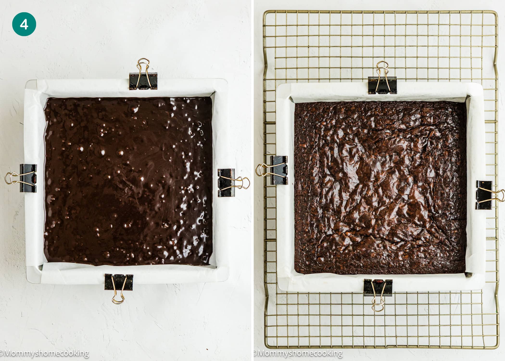 Side-by-side images of Eggless Cosmic Brownies in a square pan: on the left, the raw batter, and on the right, the baked brownies cooling on a wire rack.