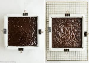 Side-by-side image showing a pan of unbaked Eggless Cosmic Brownies batter on the left and a pan of baked brownies on a cooling rack on the right.
