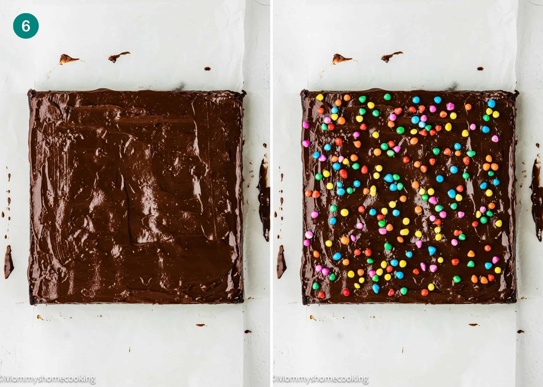 Side-by-side images of Eggless Cosmic Brownies: one chocolate-frosted square cake plain, and the other topped with colorful round sprinkles, both on parchment paper.