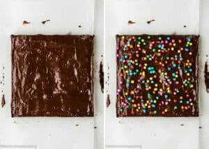 Side-by-side comparison of a chocolate sheet cake: the left is plain with chocolate icing, while the right, inspired by Eggless Cosmic Brownies, is topped with colorful round sprinkles.