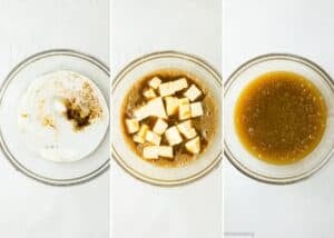 Side-by-side images show a glass bowl with a white liquid and seasonings on the left, and a bowl with cubed tofu in a brown marinade on the right—perfect for pairing with Eggless Cosmic Brownies.