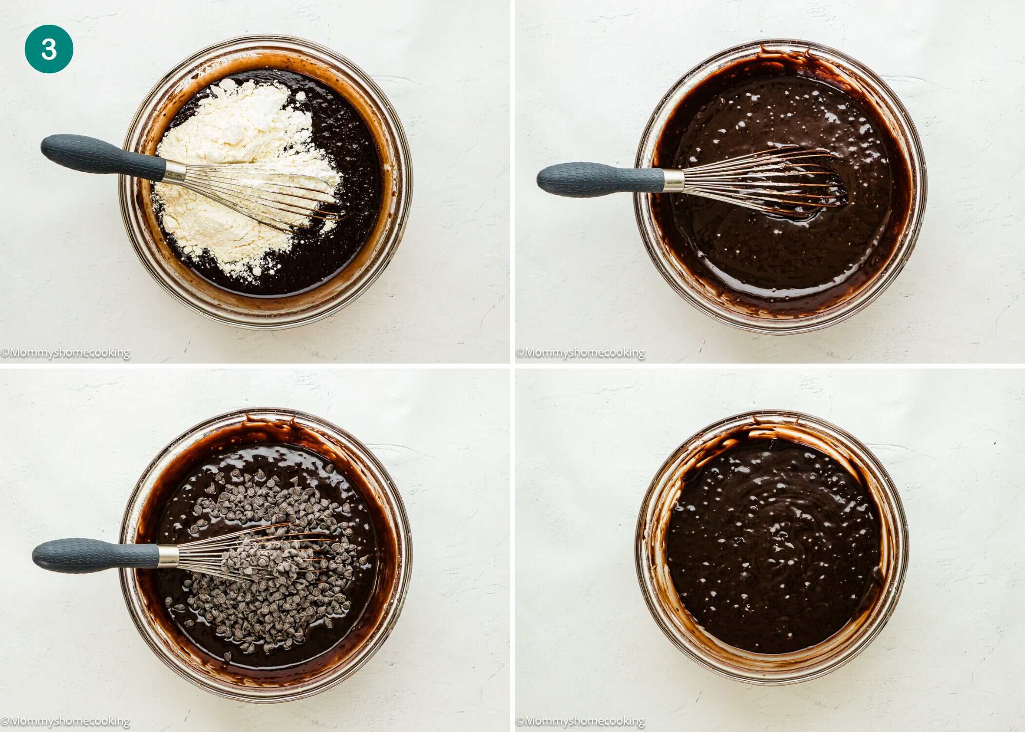 Four images show stages of making Eggless Cosmic Brownies in a glass bowl: adding flour, mixing, adding chocolate chips, and mixing again with a whisk.