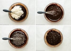 Four images show steps of mixing Eggless Cosmic Brownies batter in a glass bowl: adding flour, whisking, adding chocolate chips, and the finished batter ready to bake.