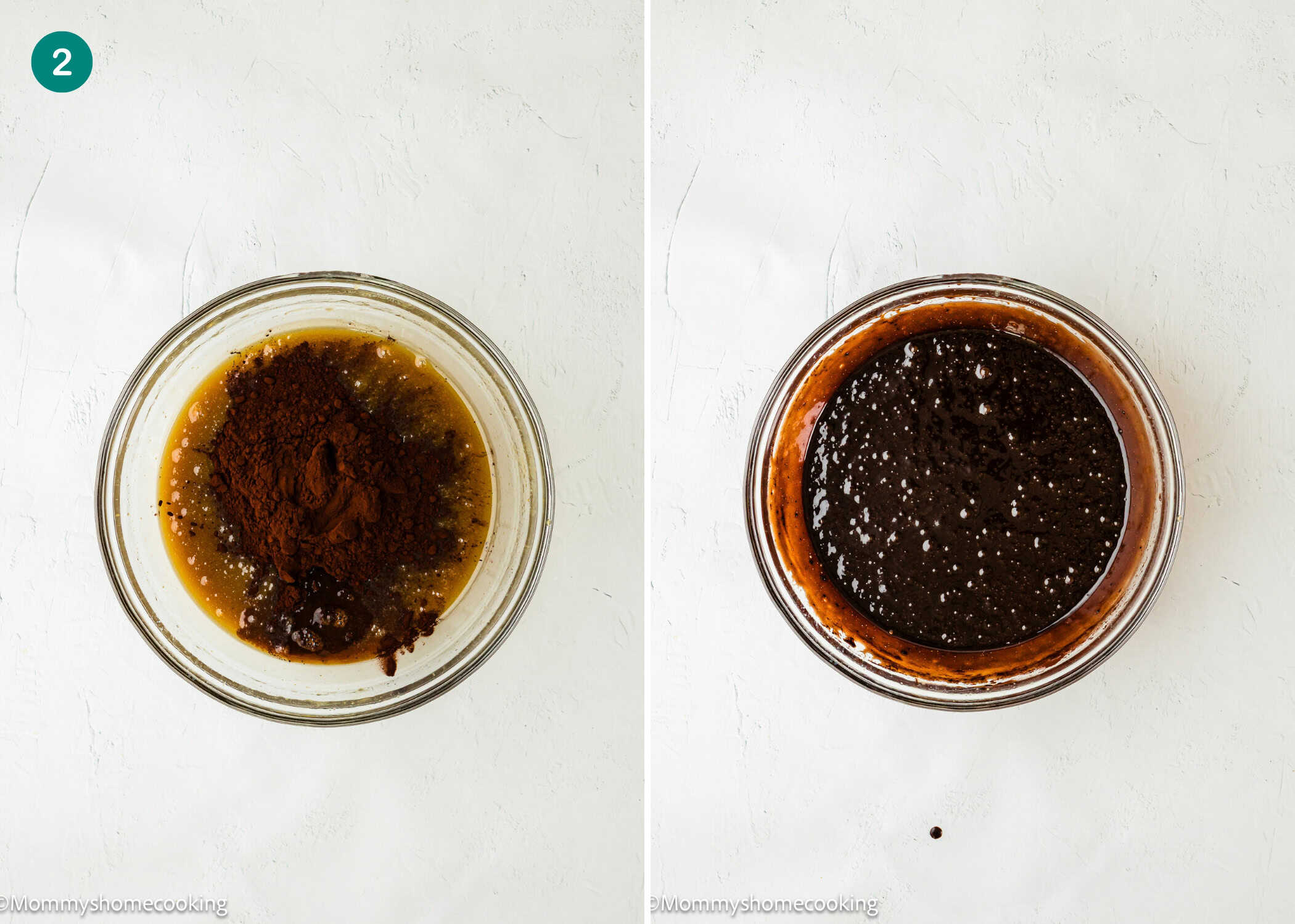 Two side-by-side images of a glass bowl; the left shows cocoa powder and wet ingredients, while the right displays them blended into a smooth chocolate mixture for Eggless Cosmic Brownies.