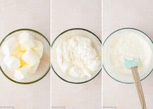 Three bowls show stages of melting marshmallows with butter: whole marshmallows, partially melted, and fully melted mixture being stirred with a spatula for an Eggless Hostess Cake.
