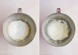 Two metal mixing bowls: the left contains creamed butter and powdered sugar, while the right shows the ingredients blended into a smooth, creamy Eggless Hostess Cake batter.