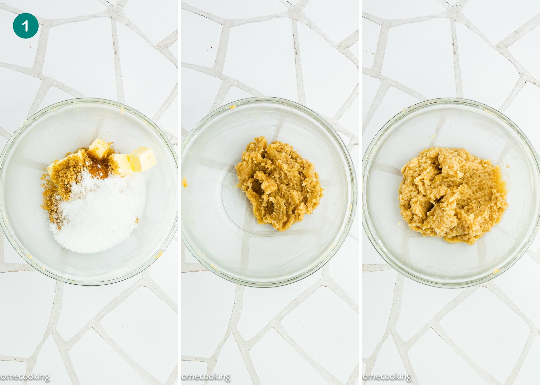 Three glass bowls show the progression of making a Single Serve Chocolate Chip Cookie No Egg: ingredients in the first, partially mixed in the second, and fully combined in the third, all arranged on a white tiled surface.