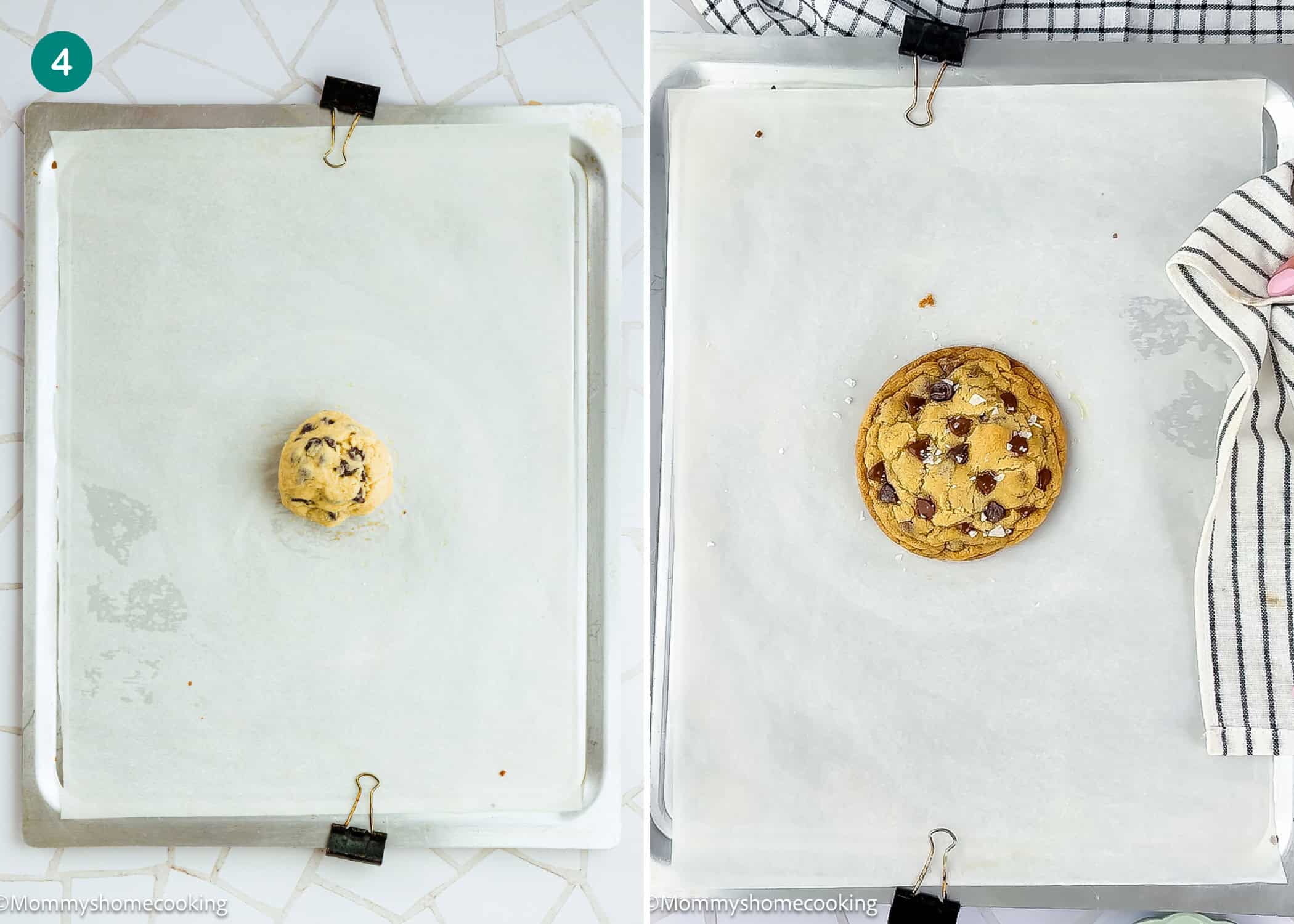 Side-by-side images of a baking tray: the left displays a ball of Single Serve Chocolate Chip Cookie No Egg dough on parchment paper, and the right shows a baked chocolate chip cookie in the same spot.
