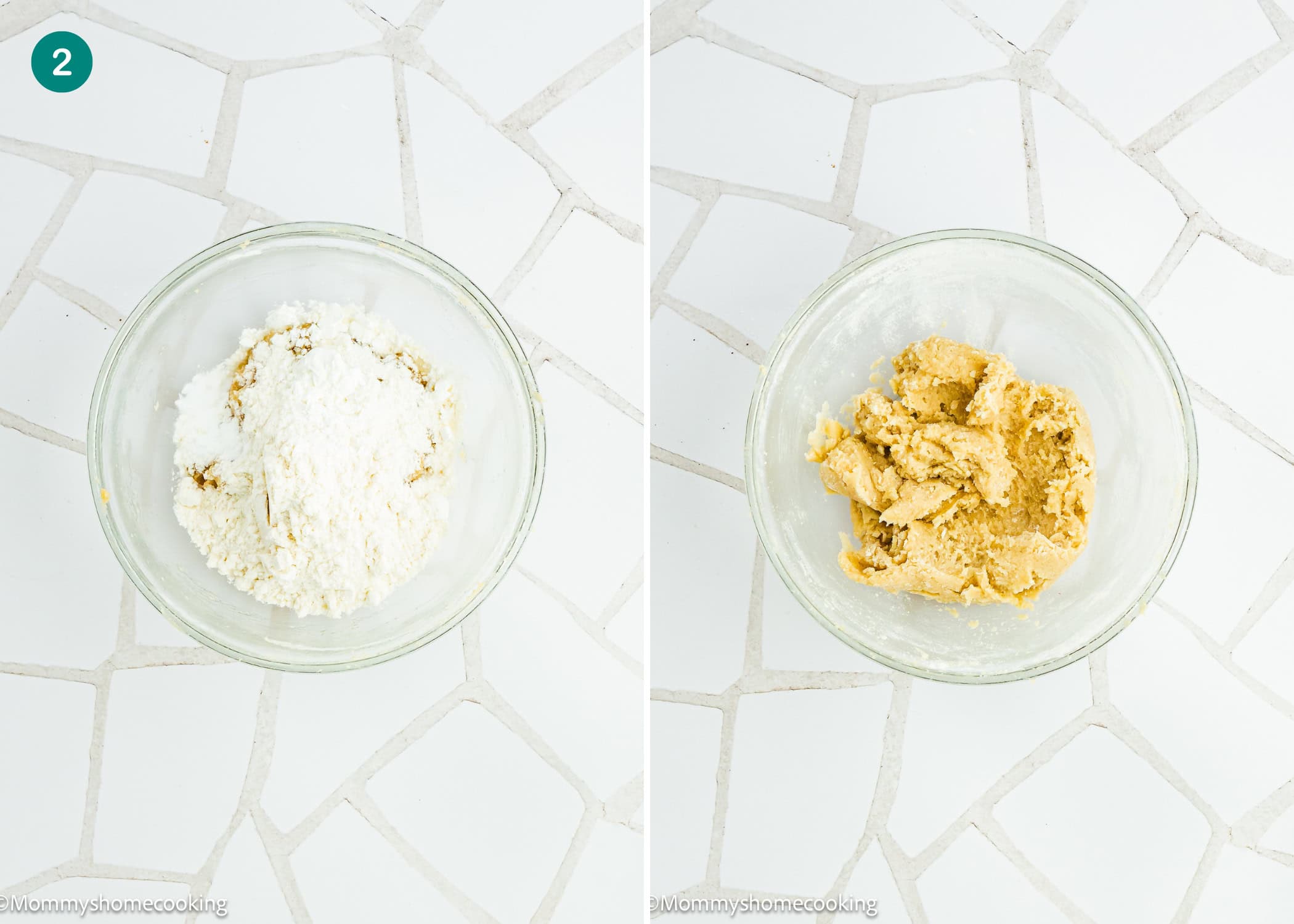 Side-by-side images show a glass bowl with dry ingredients on the left and single serve chocolate chip cookie no egg dough mixed on the right, all placed on a white tile surface.