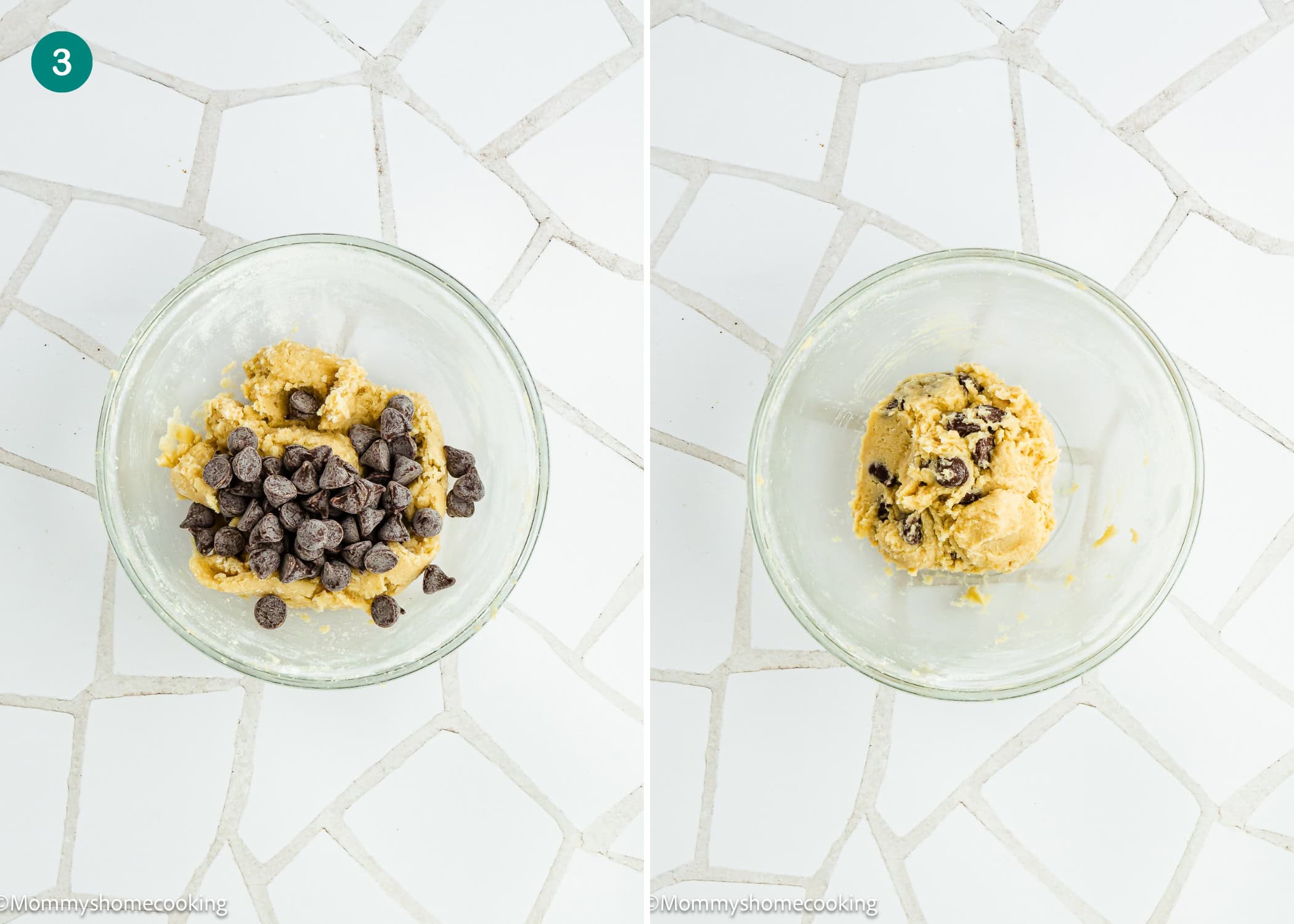 Side-by-side images: left shows a bowl of Single Serve Chocolate Chip Cookie No Egg dough with chocolate chips on top, right shows the dough mixed with the chocolate chips, both on a white tiled surface.
