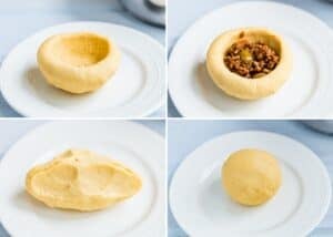 Four-step process of making Venezuelan Bollos Pelones: forming a dough cup, filling it with meat and olive mixture, sealing the dough, and shaping it into a smooth ball on a white plate.