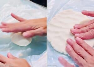 Two images show hands pressing and flattening a round piece of dough on a plastic surface, forming a flat, circular shape to prepare Venezuelan Cazón Empanadas.