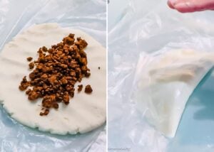 A round dough patty with ground meat filling for Venezuelan Cazón Empanadas is shown on the left; on the right, the dough is being folded over the filling using plastic wrap.