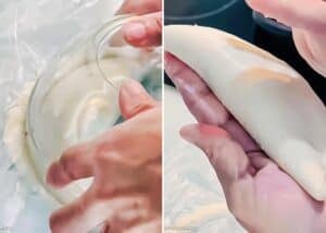 Two photos show hands shaping dough for Venezuelan Cazón Empanadas: on the left, dough is being removed from a bowl; on the right, it's folded into a crescent shape.