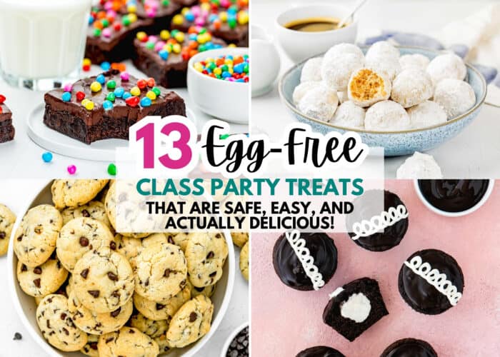 A collage of egg-free desserts, including brownies with candies, donut holes, and chocolate chip cookies. Text reads: "13 Egg-Free Class Party Treats That Are Safe, Easy, and Actually Delicious.