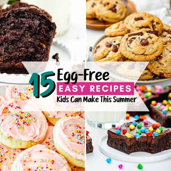 A collage of baked goods, including chocolate muffins, cookies, frosted sugar cookies, and brownies, with text reading "15 Egg-Free Recipes Kids Can Make This Summer.