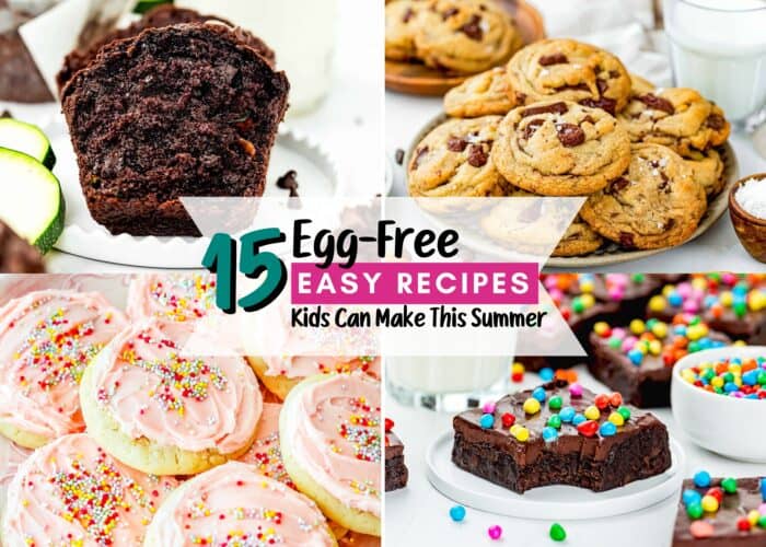 A collage of baked goods, including chocolate muffins, cookies, frosted sugar cookies, and brownies, with text reading "15 Egg-Free Recipes Kids Can Make This Summer.